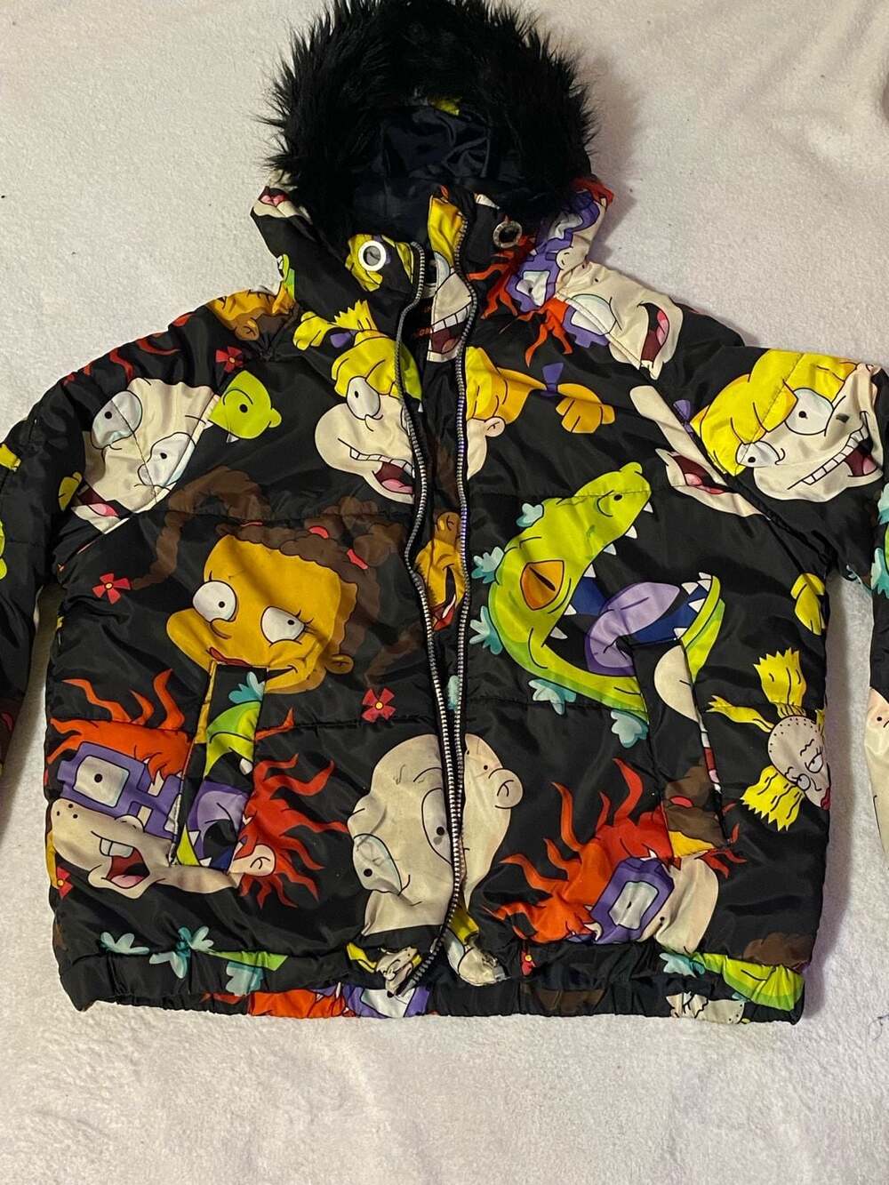 Members Only x Nickelodeon Rugrats Cartoon Puffer Jacket Hooded Faux Fur L Black